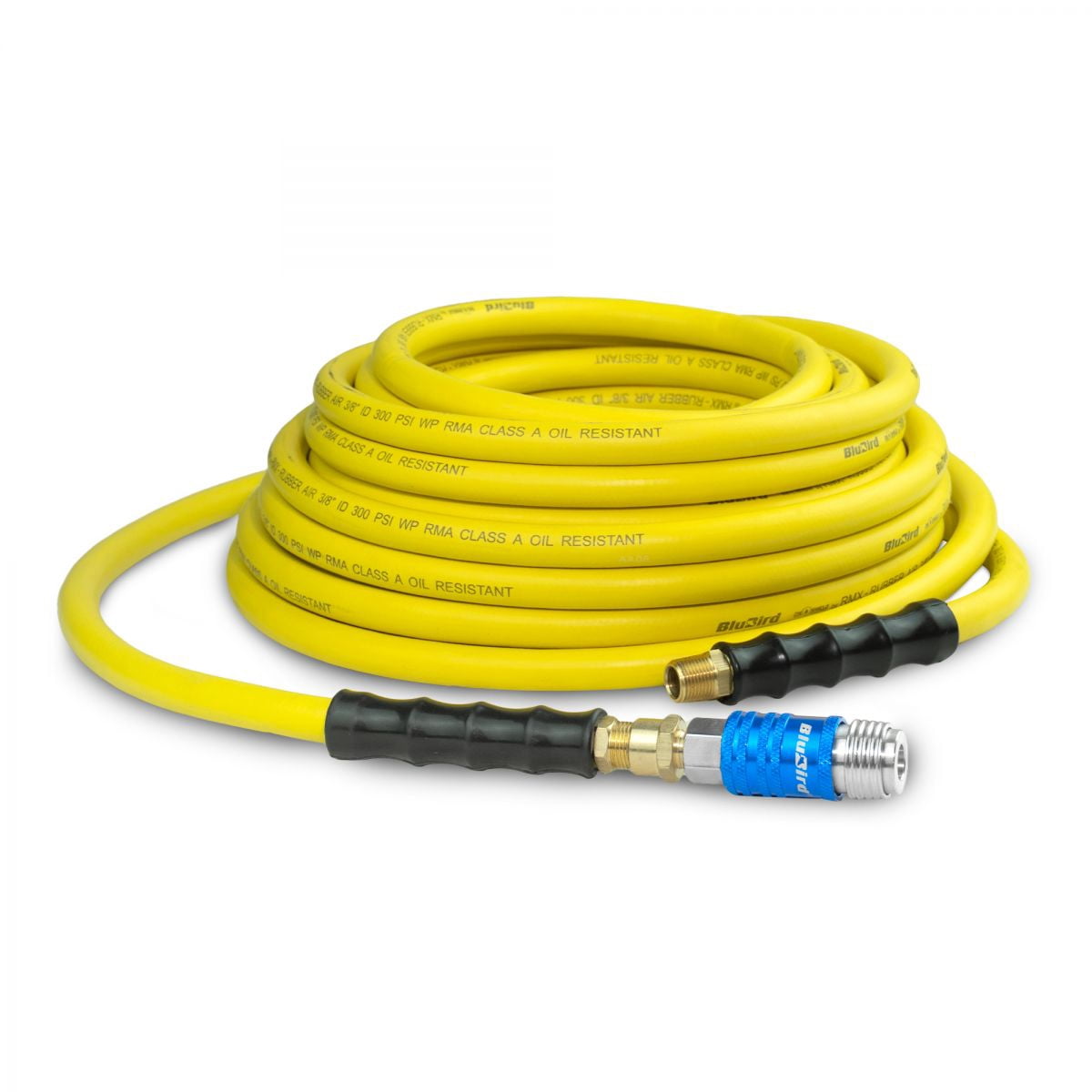 OilShield 3/8" x 50' Rubber Air Hose with BluBird 5-in-1 Safety Coupler – 300 PSI, Class A Oil Resistant, Solid Brass Fittings, -30°F to 180°F Flexibility, Kink & Abrasion Resistant – 3 Yr Warranty
