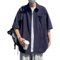 thumbnail image 3 of Camisa de manga corta para hombre, camisa de verano, camisa informal con botones, cuello vuelto, Top con bolsillo bordado, azul oscuro L, 3 of 8