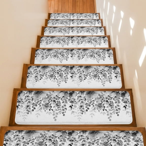 Grey Eucalyptus Leaf Stair Treads Non Slip for Steps Floral Botanical Summer Spring Minimalist 10 Pcs Reusable Adhesive Stair Runner Mats for Dogs Elders Carpet Treads Rugs for Staircase 8x30 In