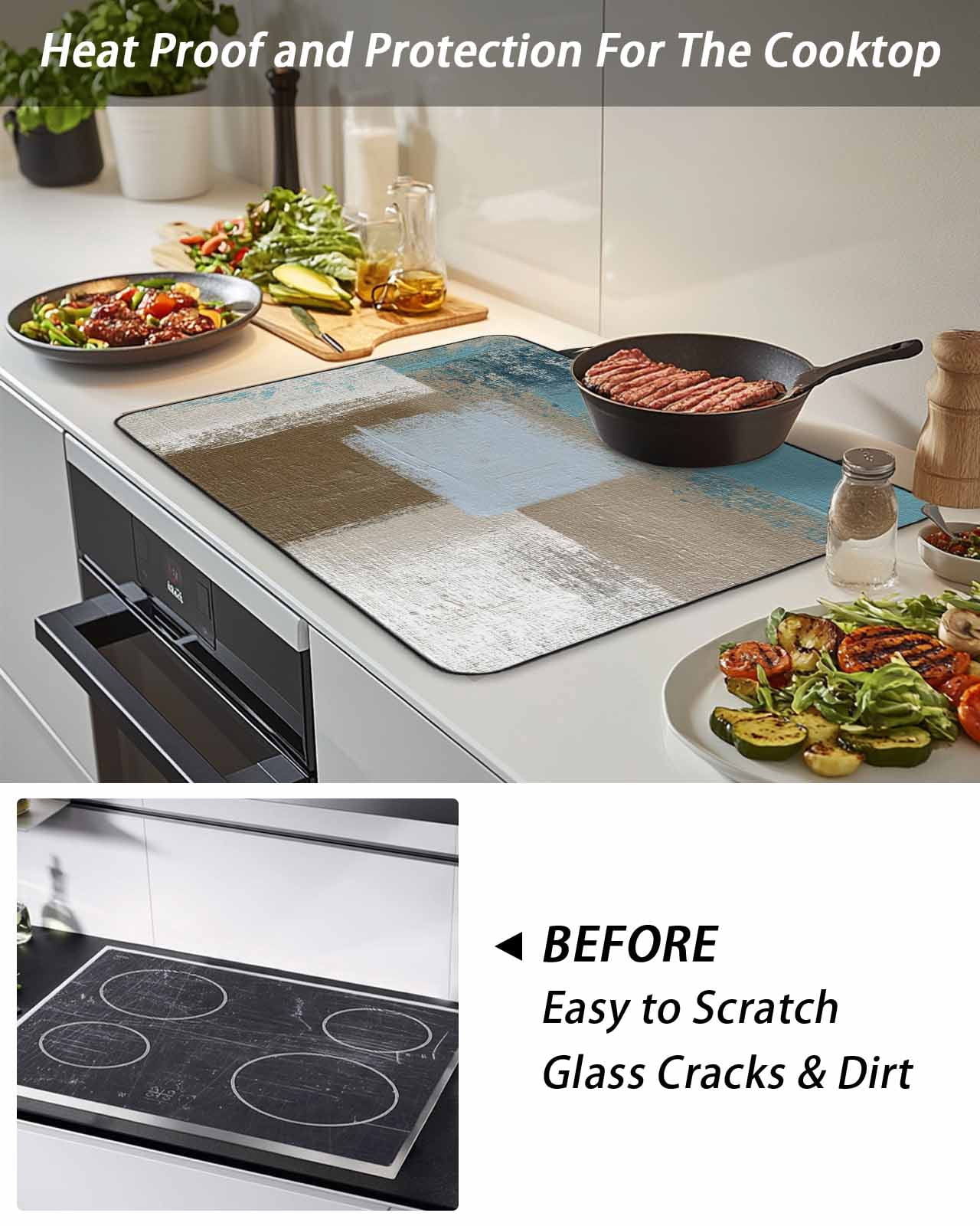 Stove Top Covers for Electric Stove, Teal Blue Glass Stovetop Cover Protector, Brown White Minimalist Retro Smear Ombre Art Induction Cooktop Protector Oven Mat for Kitchen Countertop 31"x24"