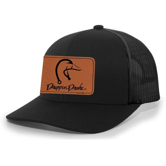 Droppin Drake Hunting Hat Duck Fishing Hook Engraved Leather Patch Mens Mesh Back Trucker Hat, Black/Black