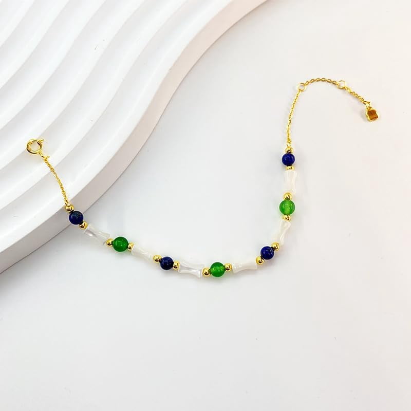 14K Gold Bamboo Bead Bracelet, Green Jade and Shell Bead Design Bracelet, Elegant Chinese Style Jewelry for Women