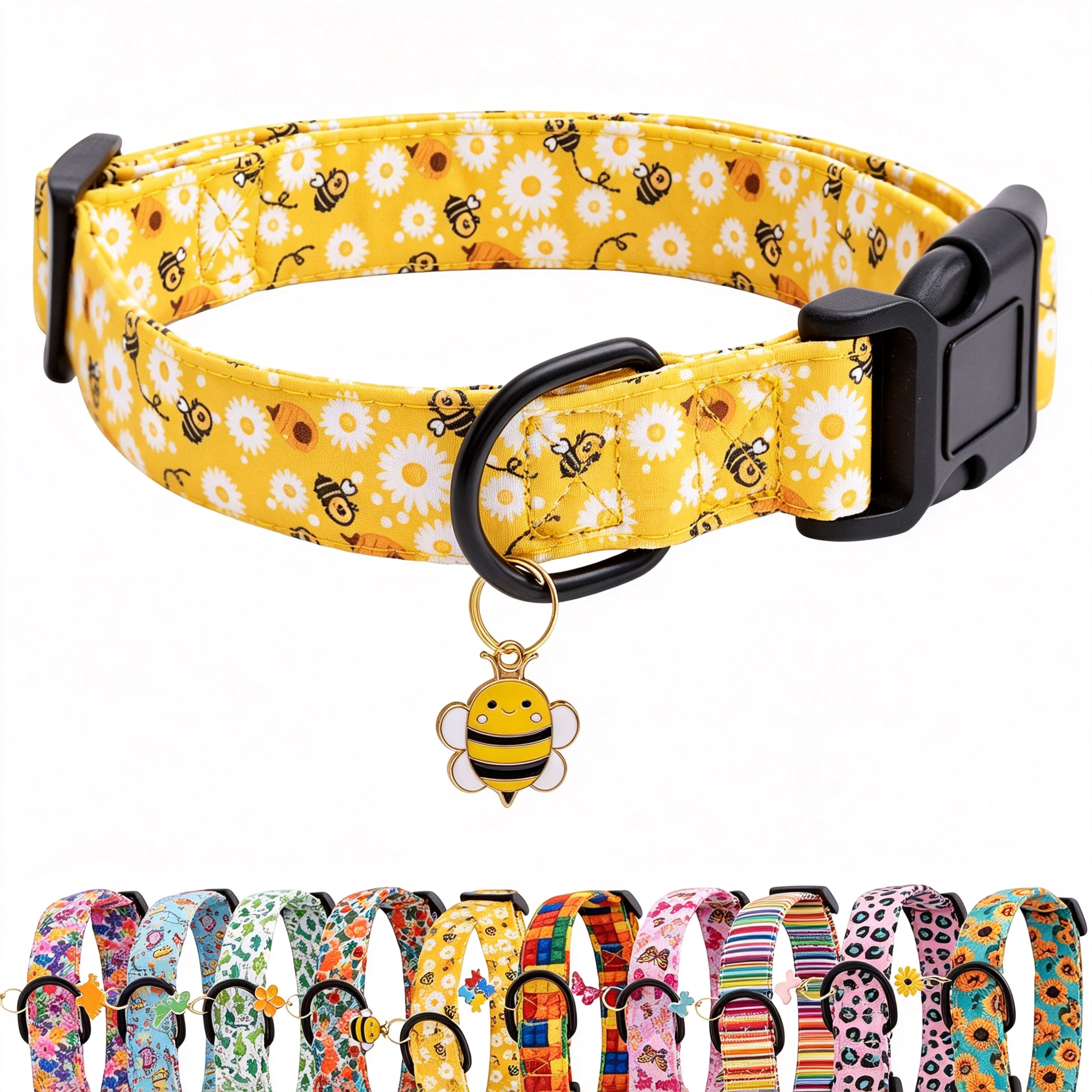 GASTROPOD Dog Collar for Small Medium Large Dogs Yellow Puppy Collars for Female Dogs Floral Bee Daisy Patterned Pet Collars for Summer Spring Wedding Puppy Girl Dog Collar L