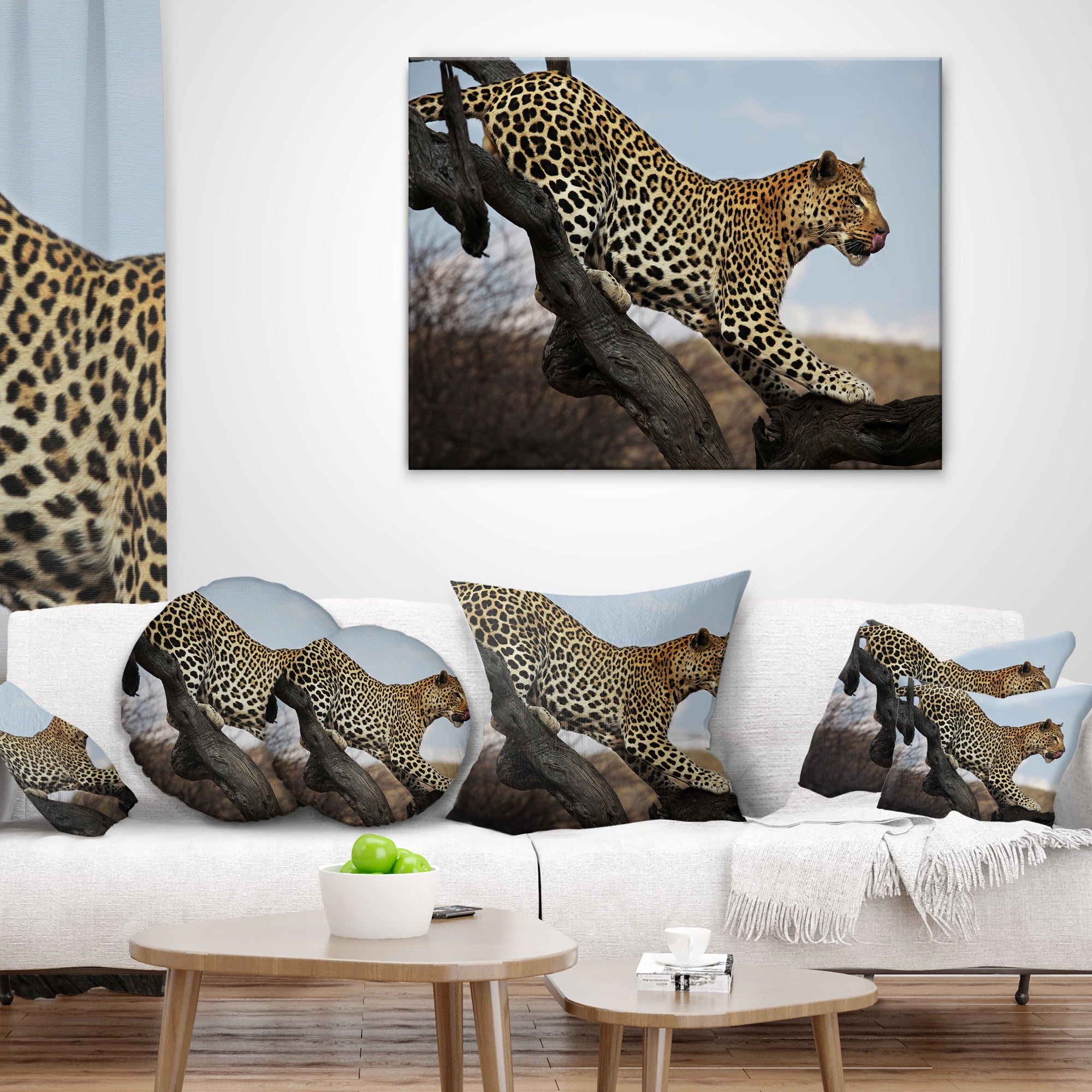Designart Leopard Walking on Tree - African Throw Pillow - 16x16