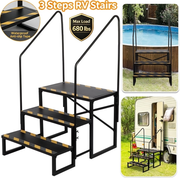 Qunbio 3 Steps RV Stairs with Anti-Slip Tapes & 2 Handrails, Hot Tub Steps, Mobile Home Stairs for RV & Travel Camper Trailers