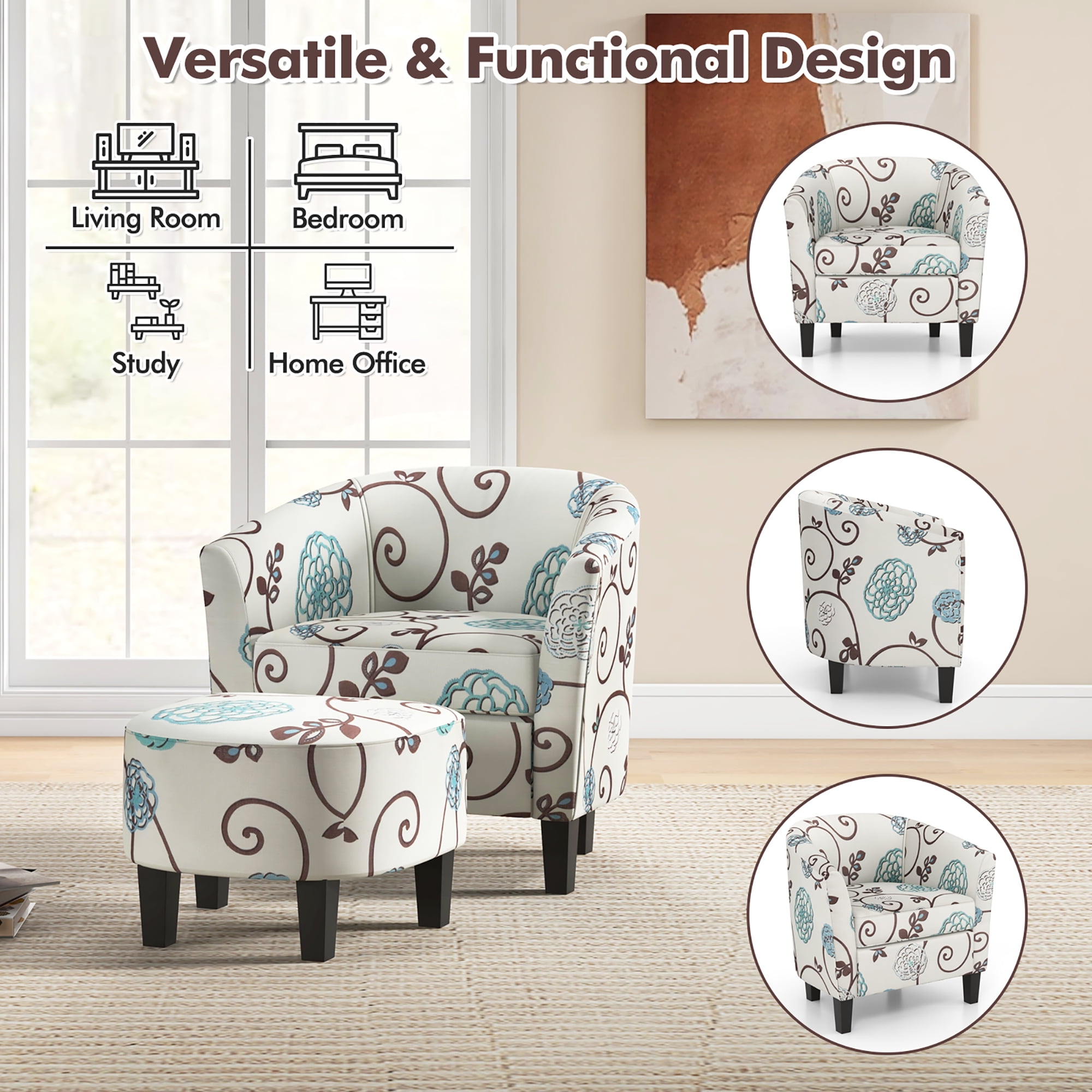 Gymax Modern Accent Tub Chair&Ottoman Set Fabric Upholstered Club Chair Grey Floral