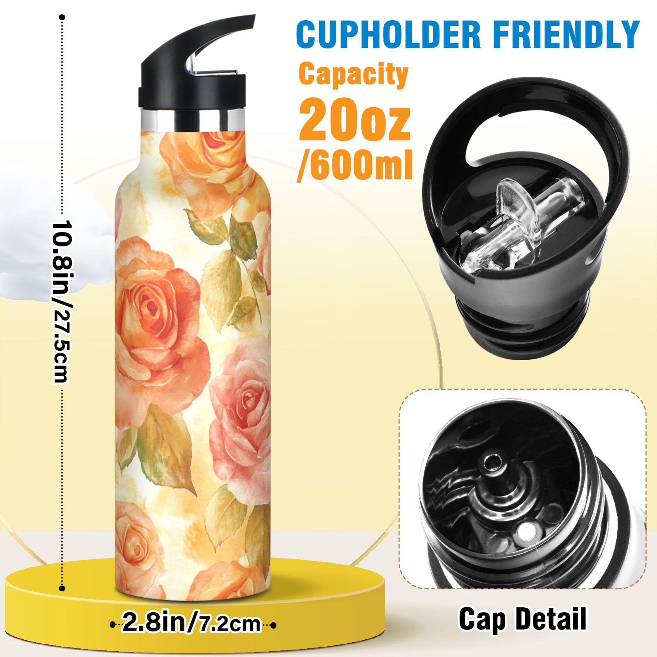 600ML Stainless Steel Insulated Cup Sports Water Bottle Portable Thermos Cup Water Glasses Insulated Tumblers Convenient and Durable Cartoon Orange Roses Seamless