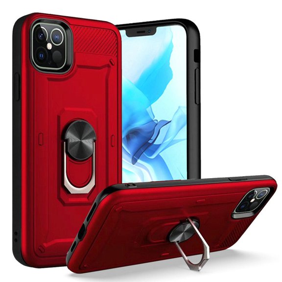 For Iphone 12 Iphone 12 Pro Open Camera Hole Champion Magnetic Ring Kickstand Case Cover - Red