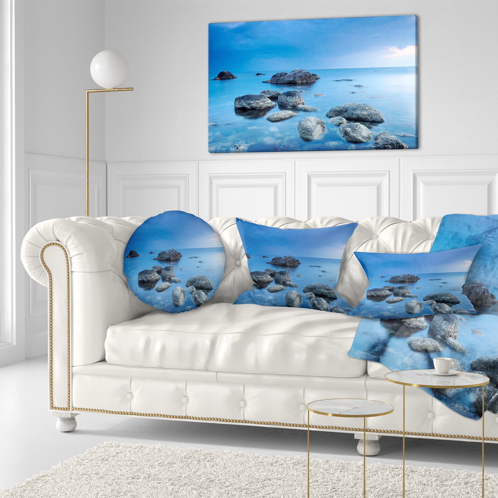 Designart Rocky Blue Sea - Seascape Photography Throw Pillow - 12x20