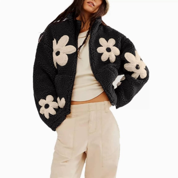 Womens Floral Print Fleece Jackets Winter Sweatshirt Zipper Cropped Coat Casual Long Sleeve Outwear