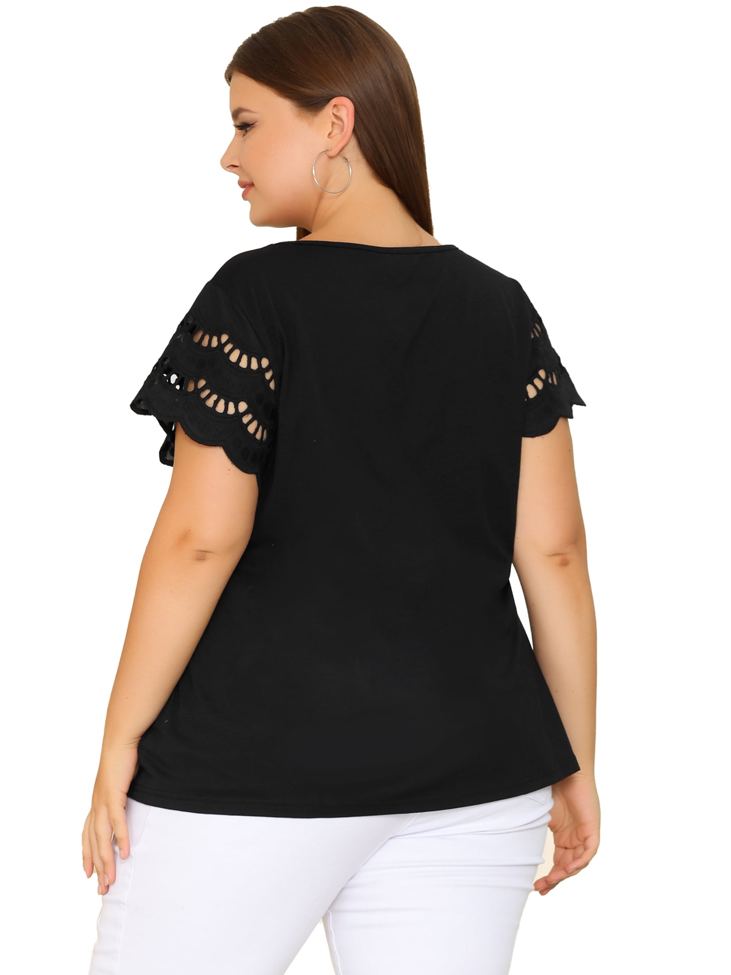 DARING DIVA Women's Plus Size Round Neck Lace Panel Blouses 6X Black