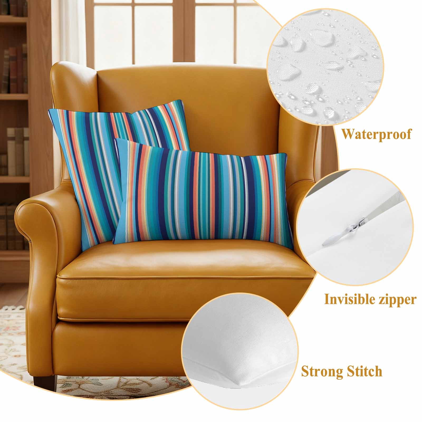 Mexican Style Outdoor Waterproof Throw Pillow Covers 18x18 Set of 2, Colorful Mexico Stripes Light Blue Decorative Pillowcases Cushion Pillowcase for Couch Sofa Patio Outside Pillow Protector