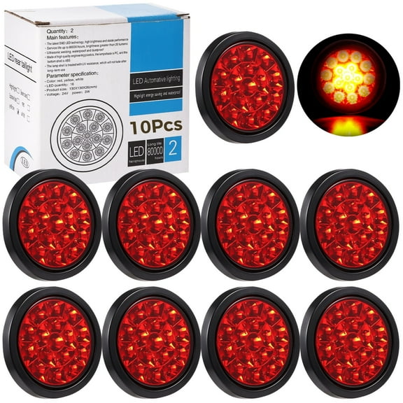 10 Pcs Trailer Tail Lights, 4" Round LED Truck Lights, 16-LED Waterproof Stop Tail Lights, Brake Trailer Lights, Stop Turn Marker Lights with Sealed Flush Mount for Trucks, RVs