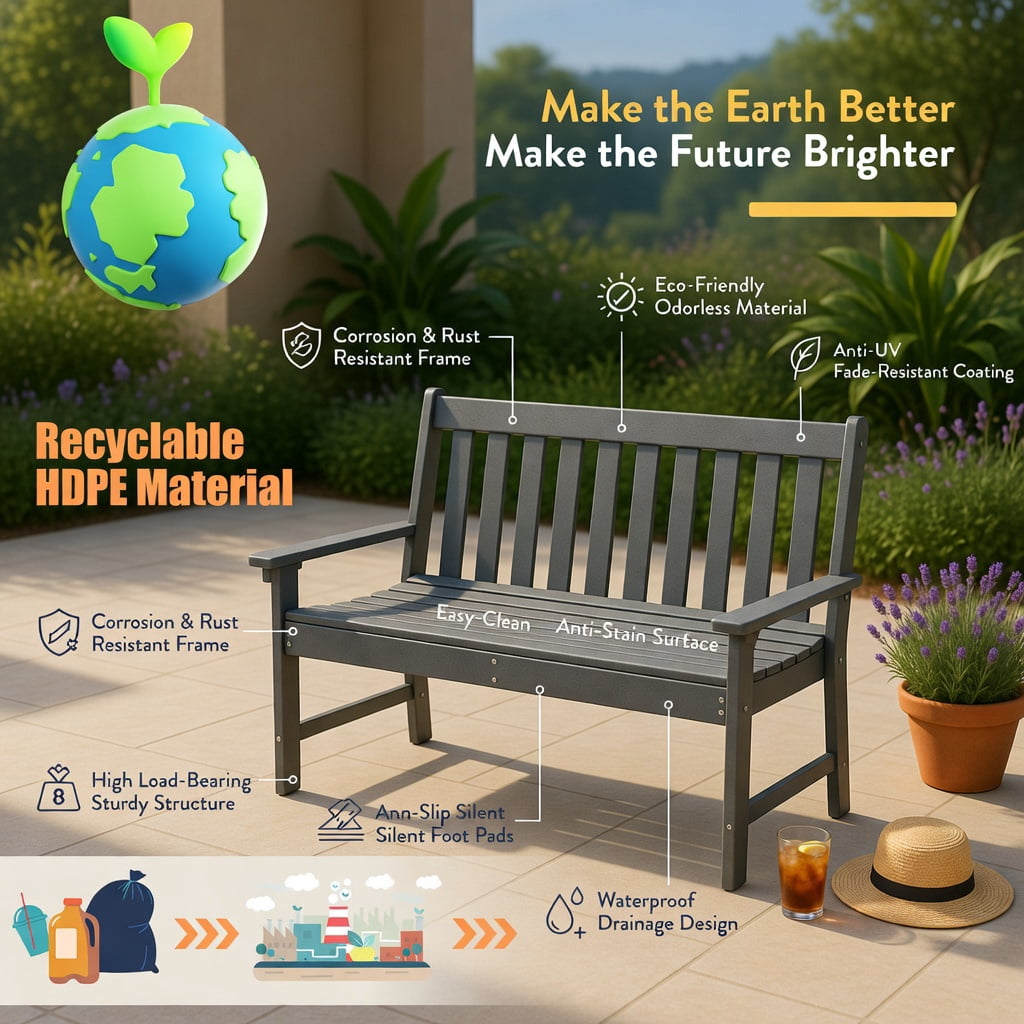 Hommoo 52" All-Weather HDPE Outdoor Bench with Backrest & Armrests, Heavy-Duty Garden, Porch, Backyard Seating, Gray