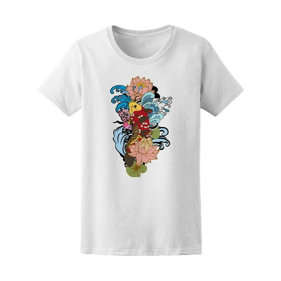 Colorful Line Art Koi Carp Tattoo T-Shirt Women -Image by Shutterstock, Female x-Large