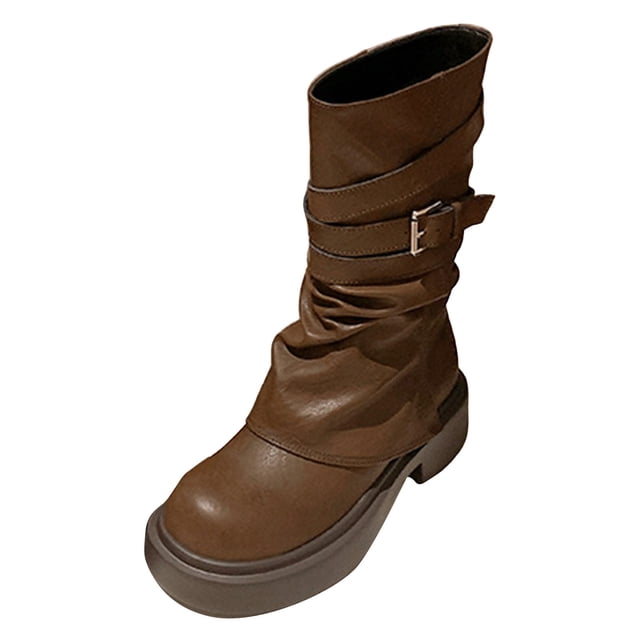 IUJSOY Bottes Mi-Mollet pour Femmes à Revers à Enfiler Bottes de Moto Plateforme Bout Rond Botte Haute