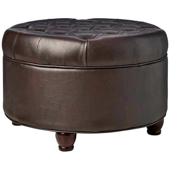 HomePop Large Button Tufted Round Storage Ottoman, Brown Faux Leather
