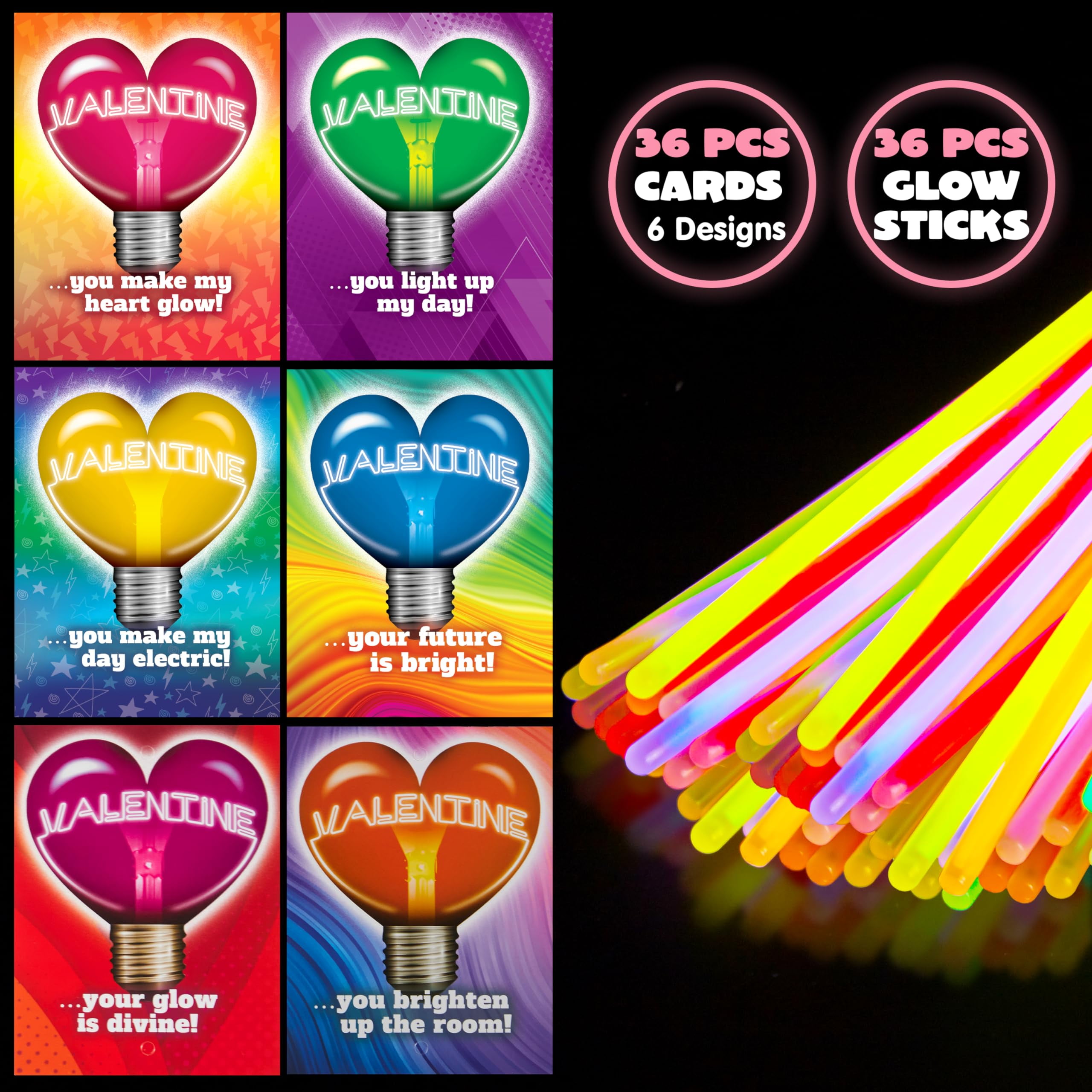 Joyfy 36 Packs Glow Sticks Bracelet with Neon Valentines Day Gift Cards Valentine Exchange Cards for Kids Class Valentines Party Favors