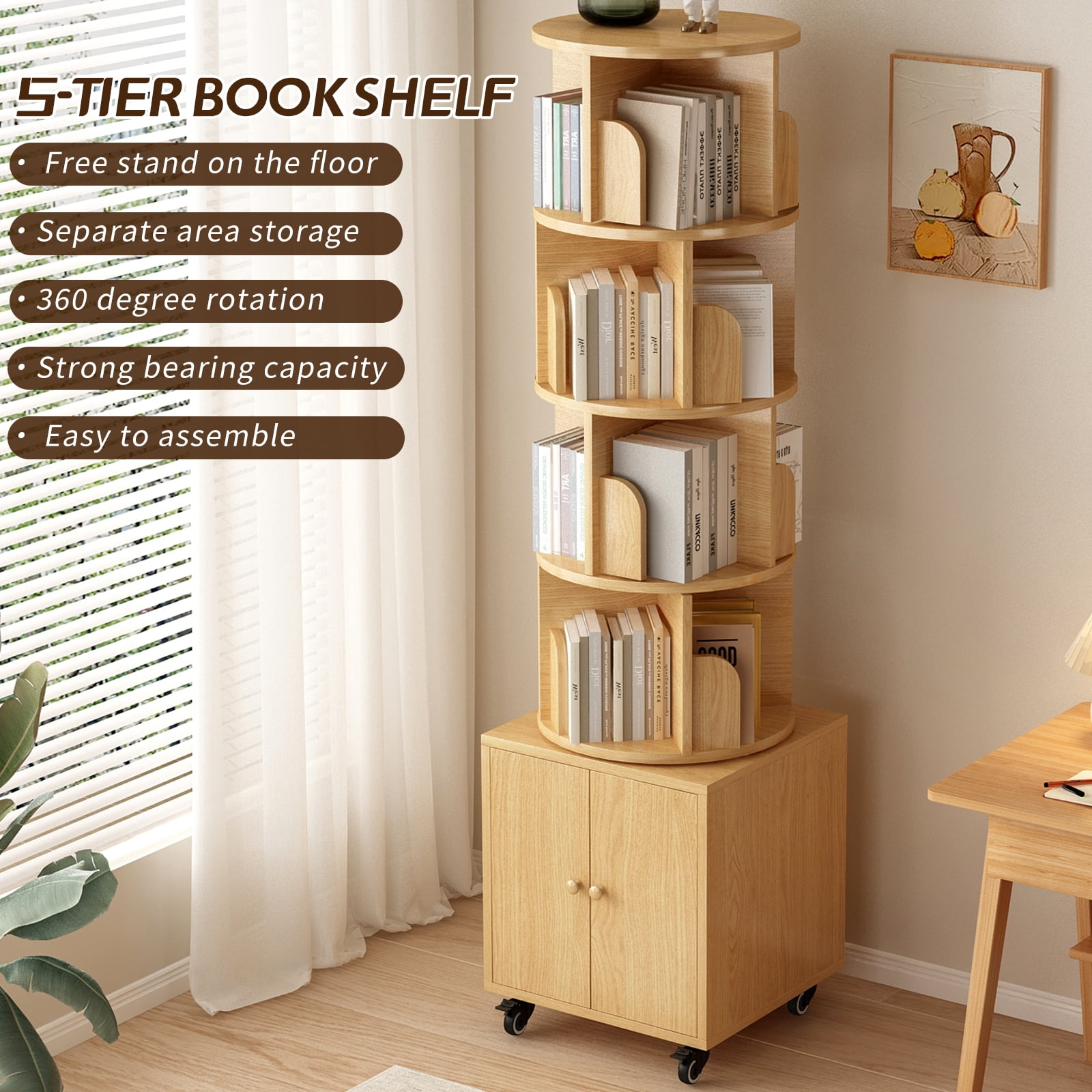 Rotating Bookshelf, 5 Tier Corner Bookcase with Storage Drawer and 360-Degree Rotation, Wood Construction for Home Decor, Natural Wood Finish