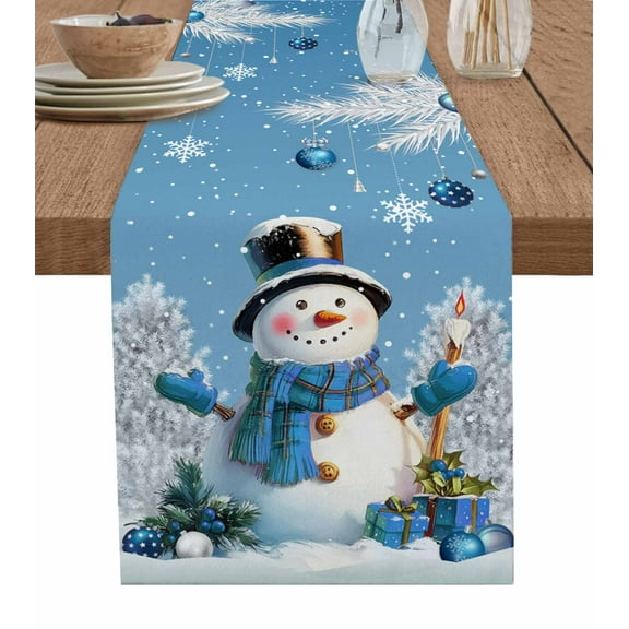 Ldtrchee Blue Snowman Christmas Table Runner 72 Inches, Xmas Tree Balls Snowflake Bed Runner Dresser Scarves Tabletop for Indoor Outdoor Parties/Ceremony/Banquet, 14" x 72"