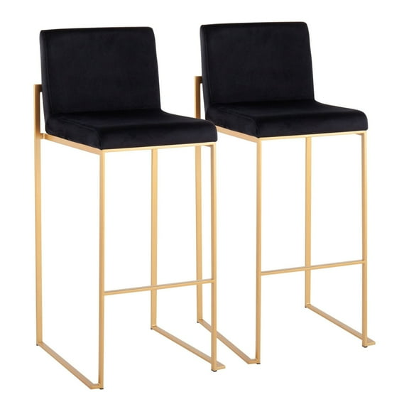Fuji Contemporary High Back Barstool In Gold Steel And Black Velvet - Set Of 2