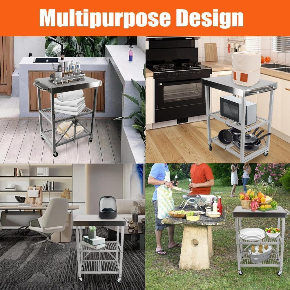 Stainless Steel Utility Cart with Wheels, 3 Tier Foldable Rolling Service Cart, Top Work Table Food Prep Table Kitchen Island for Restaurant, Dining Room, Hotel