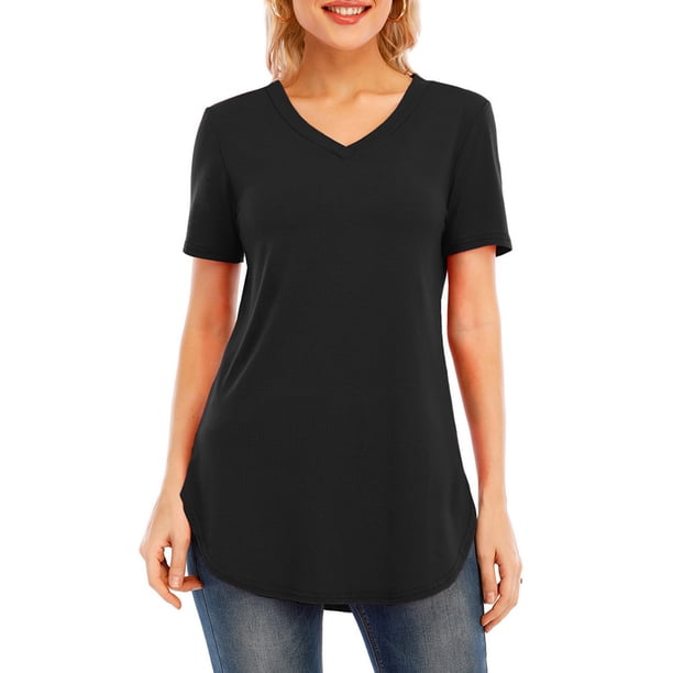 Camiseta de mujer, cuello en V, manga corta, larga, casual, para fiesta, tops Eccomum Negro L