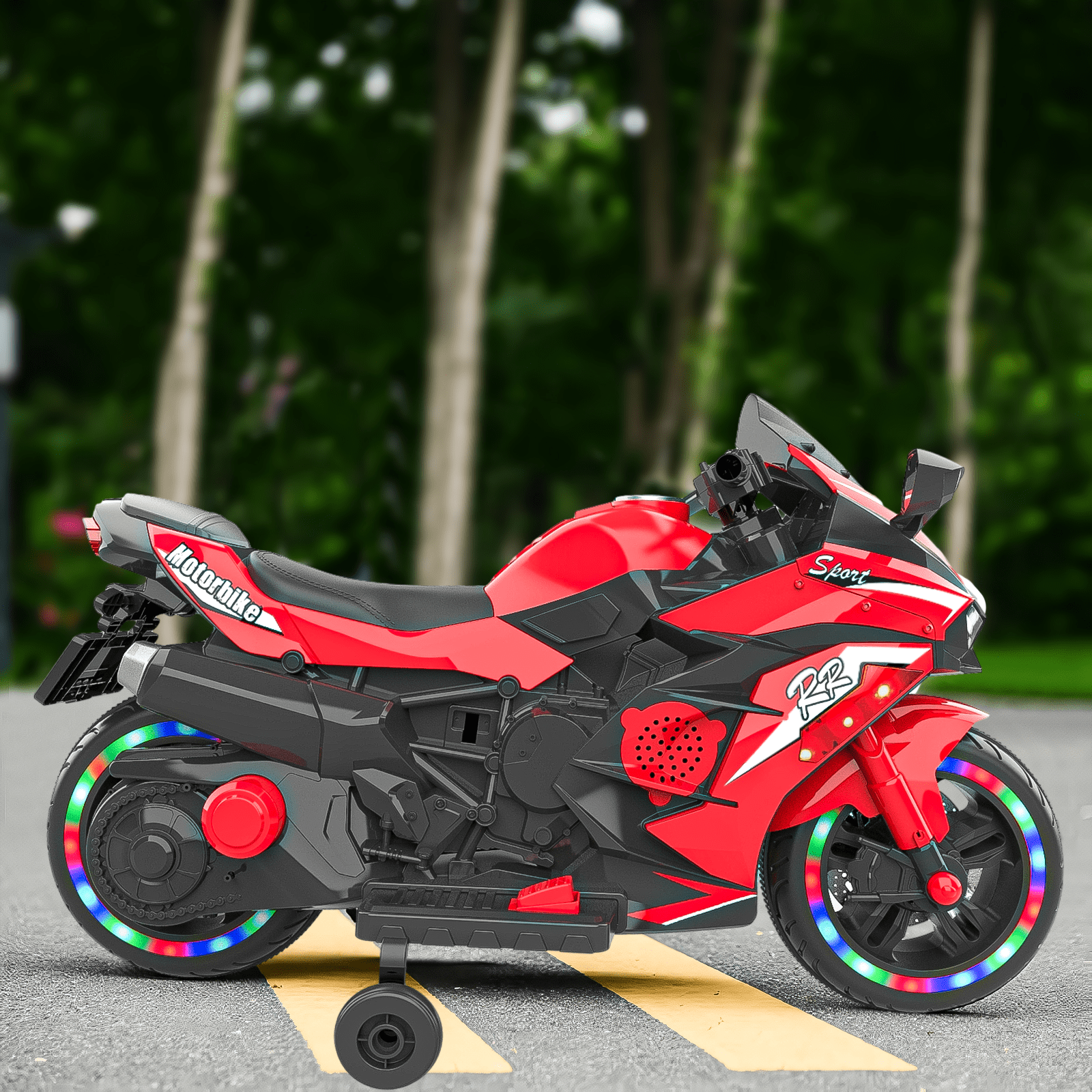 TaTee 12V Kids Electric Motorcycle, Battery Powered Ride-On Toy with Training Wheels for Boys & Girls Ages 3-6, Bluetooth Music & LED Lights, Red