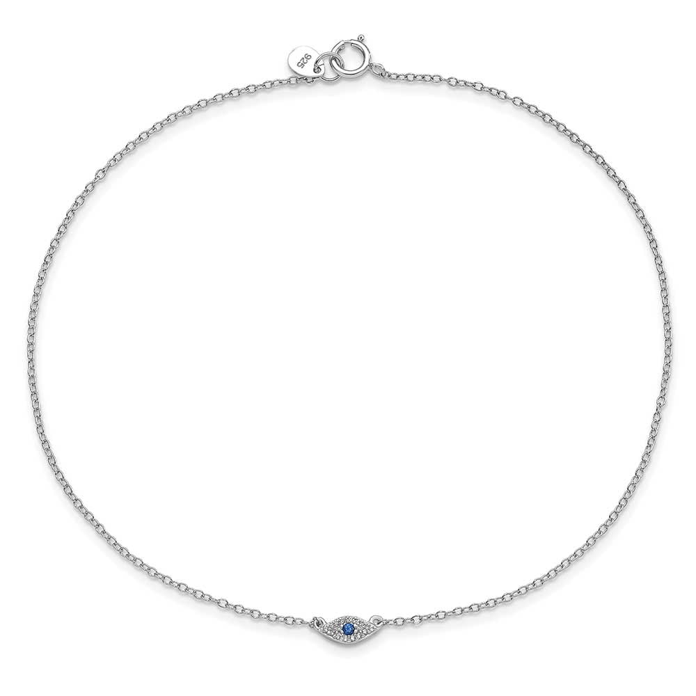 Sterling Silver Rhodium-plated Polished Blue & White CZ Eye 10in Anklet