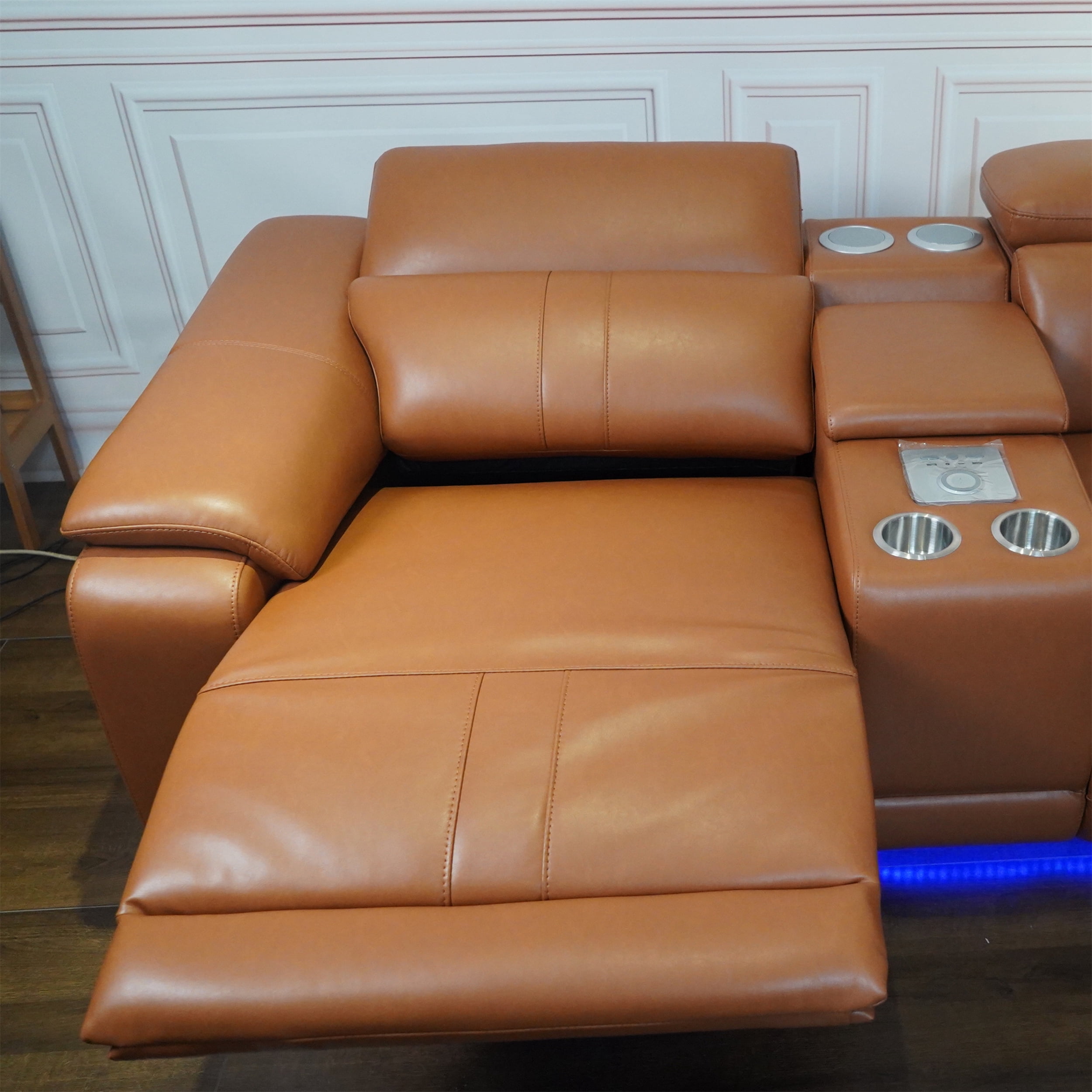 Arron Modern Leather Power Reclining Sectional Sofa with Media Console, Wireless Charging, Bluetooth Speakers, and Ambient LED Under-Glow, Caramel