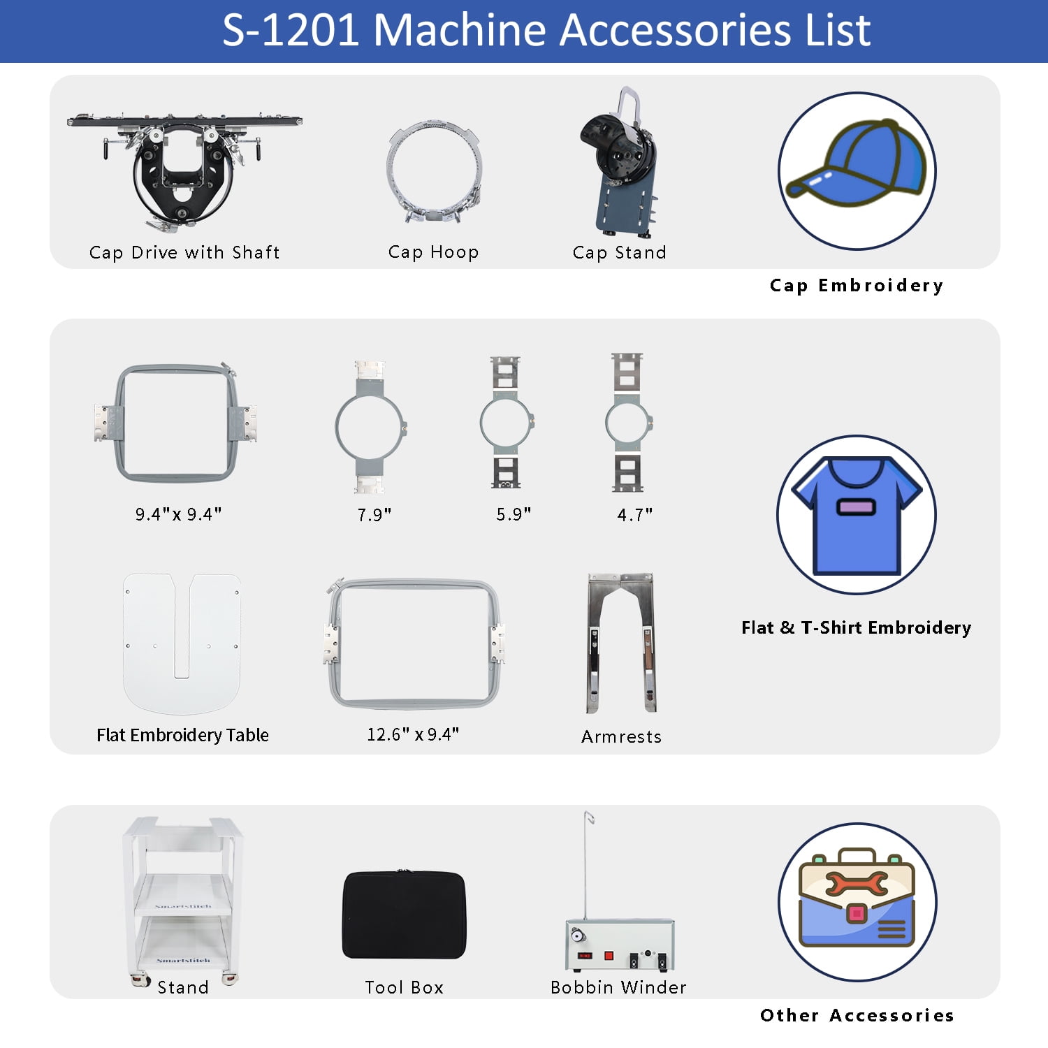 Commercial embroidery machine S1201, 12 Needles, Max Speed 1200RPM, Embroidering for Hats and Clothing with 9.45"x12.59" Embroidery Area (containing starter kit)