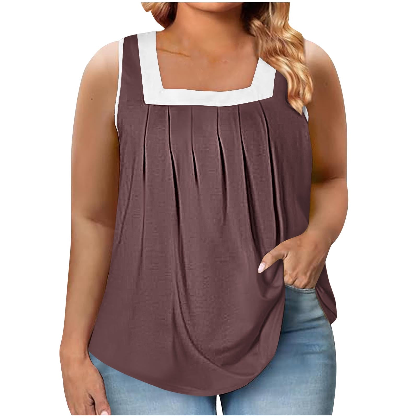 Timegard Plus Size Tops for Women Square Neck Pleated Sleeveless Color Block Blouse Casual Loose Tops
