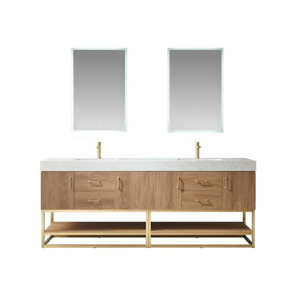 84 in. Alistair Double Sink Bathroom Vanity, North American Oak with White Grain Stone CounterTop & Mirror