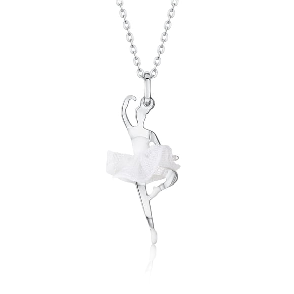 UNICORNJ Enfants Ados Argent Sterling 925 Ballerine Danseuse de Ballet Pendentif Passe Collier avec Tutu en Tulle Blanc et Émail 16 Pouces Italy