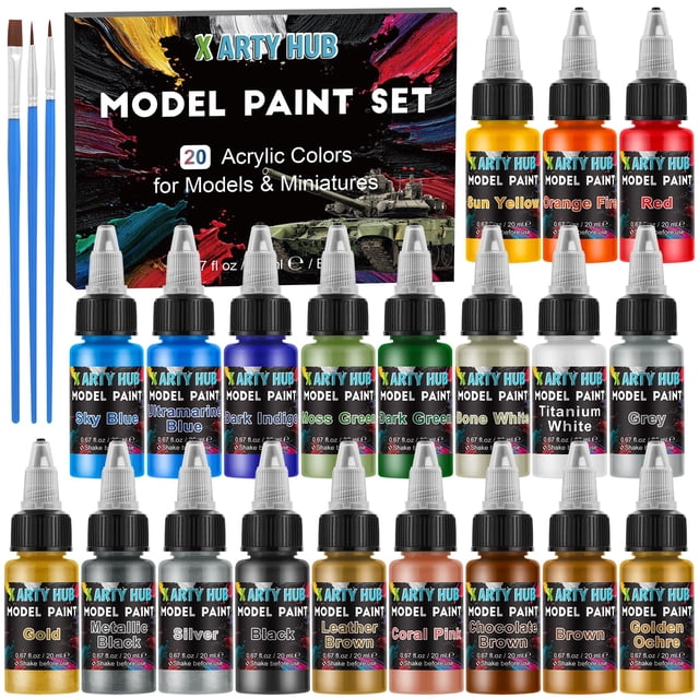 X ARTY HUB Model Paint Set - 20 Colours with 3 Brushes, Miniature Paints (Base/Skin Tones/Shadows/Metallics) for Airbrushing & Hand Paintin