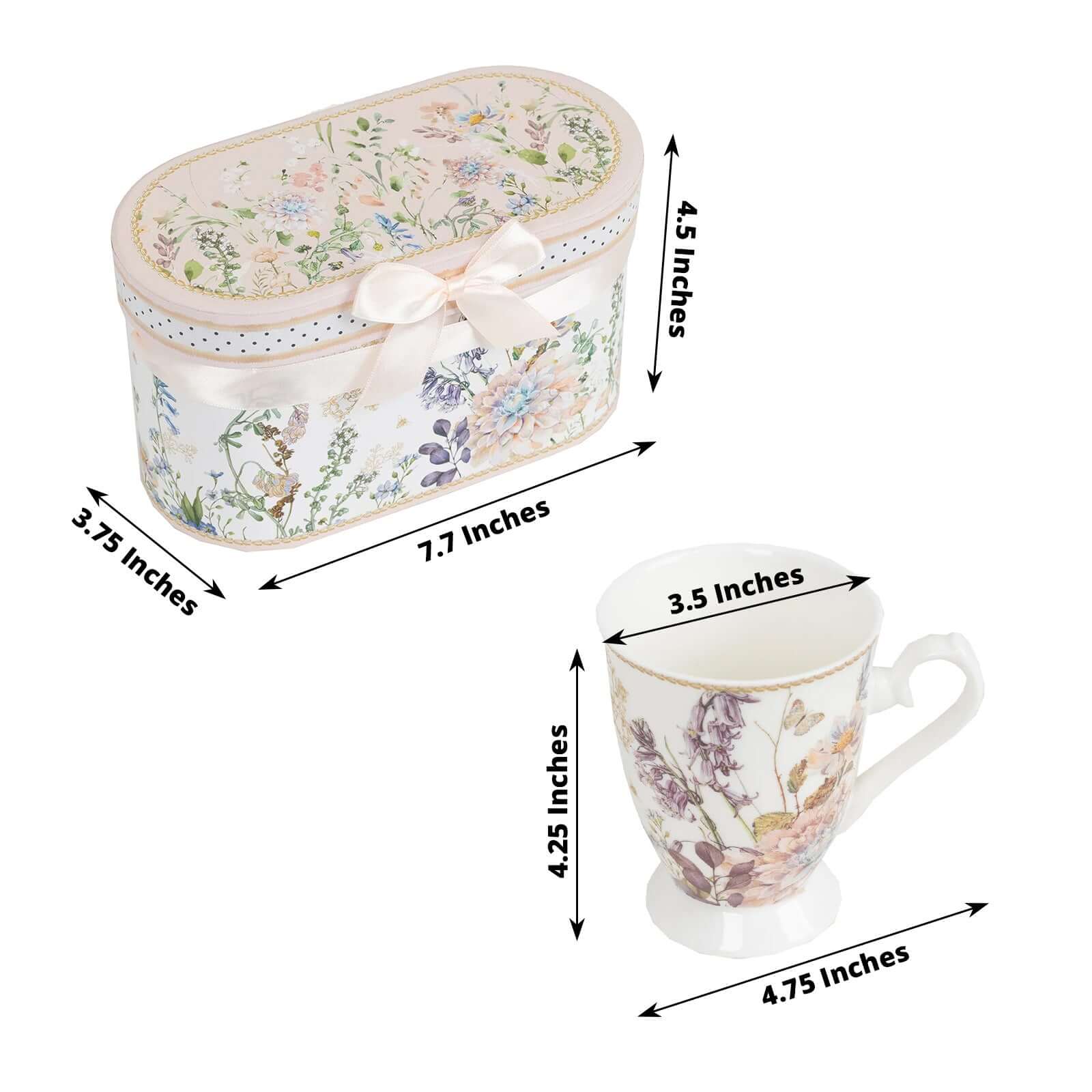 Efavormart 2 Pack Blush Floral Design Porcelain Coffee Mugs With Gift Box and Satin Ribbon Handle, Bridal Shower Gift Set