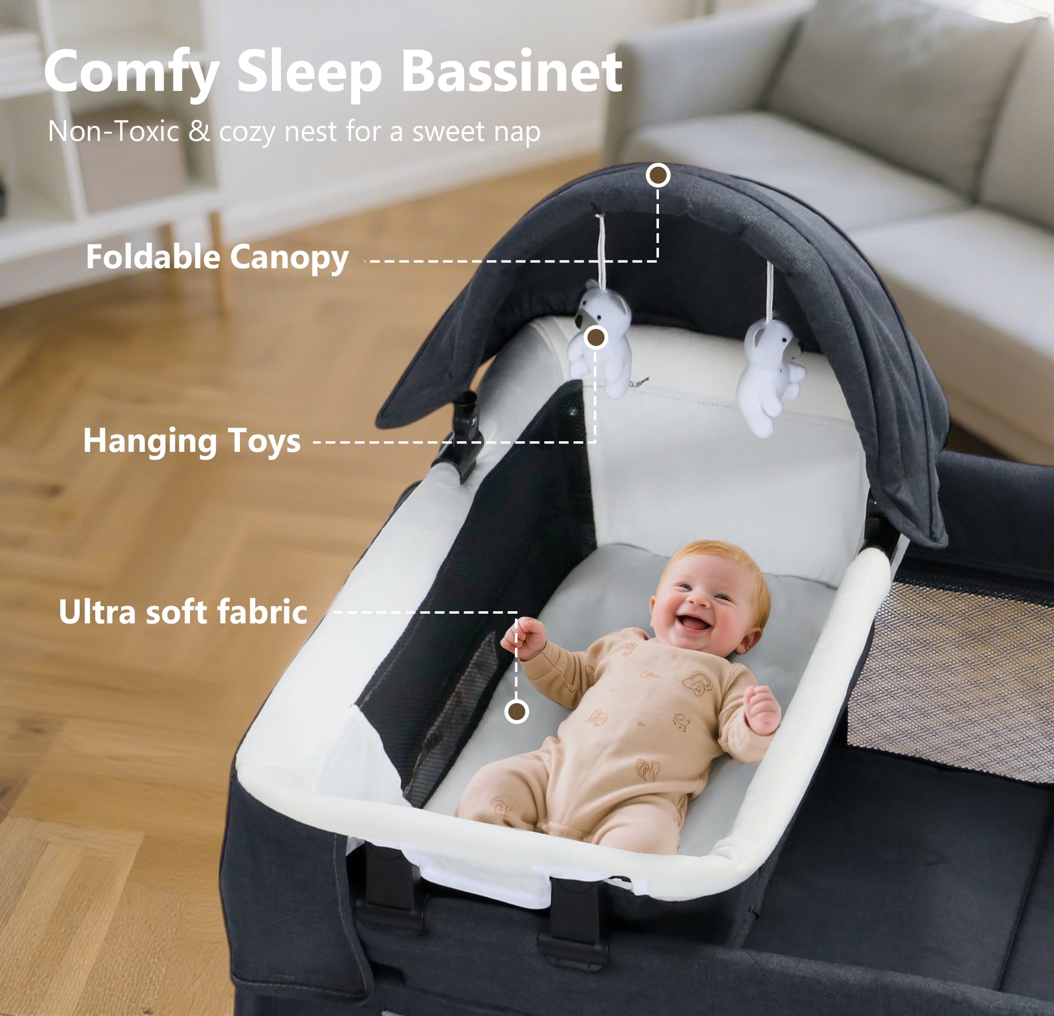 LINLUX Pack  and Play w/ Bassinet & Changing Table, Baby Playard for Toddler, Newborn Crib Baby Bed,Dark Gray