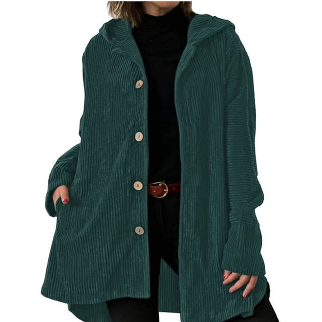 Chaqueta de Otoño para Mujer con Capucha, Informal, con Botones, Larga, Holgada, de , con Bolsillos. Verde L