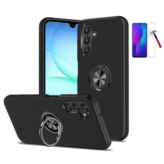 Phone Case for Samsung Galaxy A17 5G, Black Ring Stand Hybrid Case Cover Tempered Glass