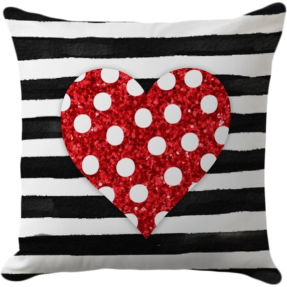 Valentine''s Day Pillow Cover 18x18 Inch - Sparkling Red Heart with Black & White Striped Design - Chic Romantic Cushion Case for Home, Sofa, and Couch Decor