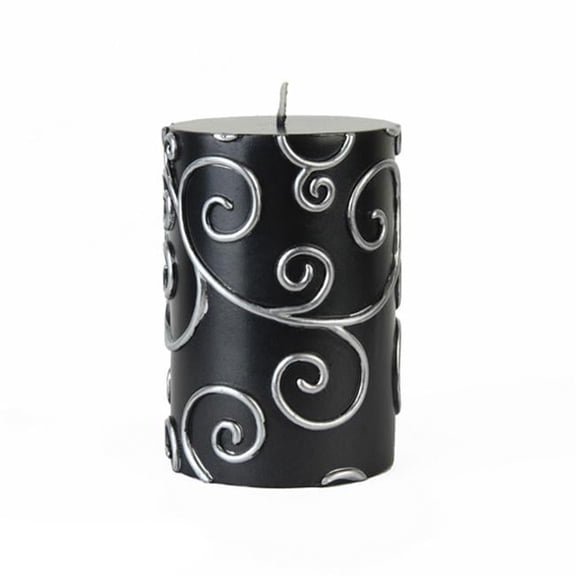 Zest Candle CPS-001-12 3 x 4 in. Black Scroll Pillar Candle -12pcs-Case- Bulk