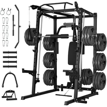 IdealHouse 2000LBS Smith Machine Squat Rack, Multi-Function Power Cage with Dual Pulley System, Cable Crossover & LAT Pulldown for Home Gym (Without Barbell Plates)