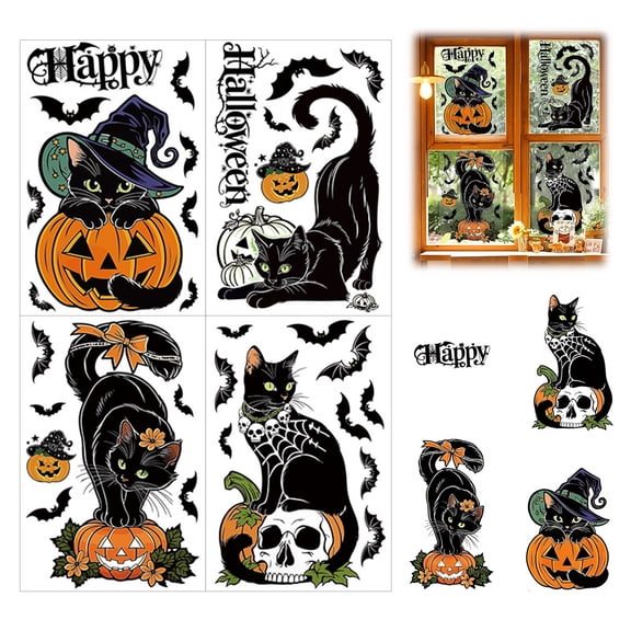 Set of 4 Static-Cling Halloween Window Decals with Pumpkin, Bat, Festive Lettering Designs, Reusable Glue-Free Stickers for Glass, Mirror, Wall, Retro Holiday Decor, 4 Decals per Set, By Cosmug