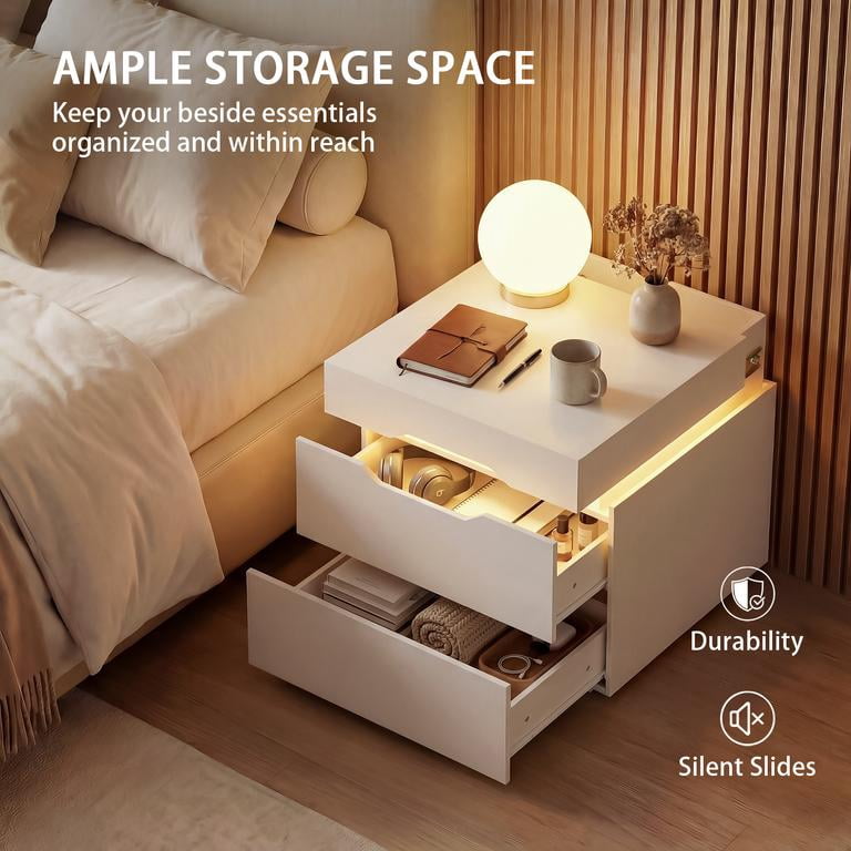 Lacoo Modern End Table Set of 2 with LED Lights & Charging Station, White Nightstand with 2 Drawers & Upper Storage for Living Room Bedroom, 2 Drawer