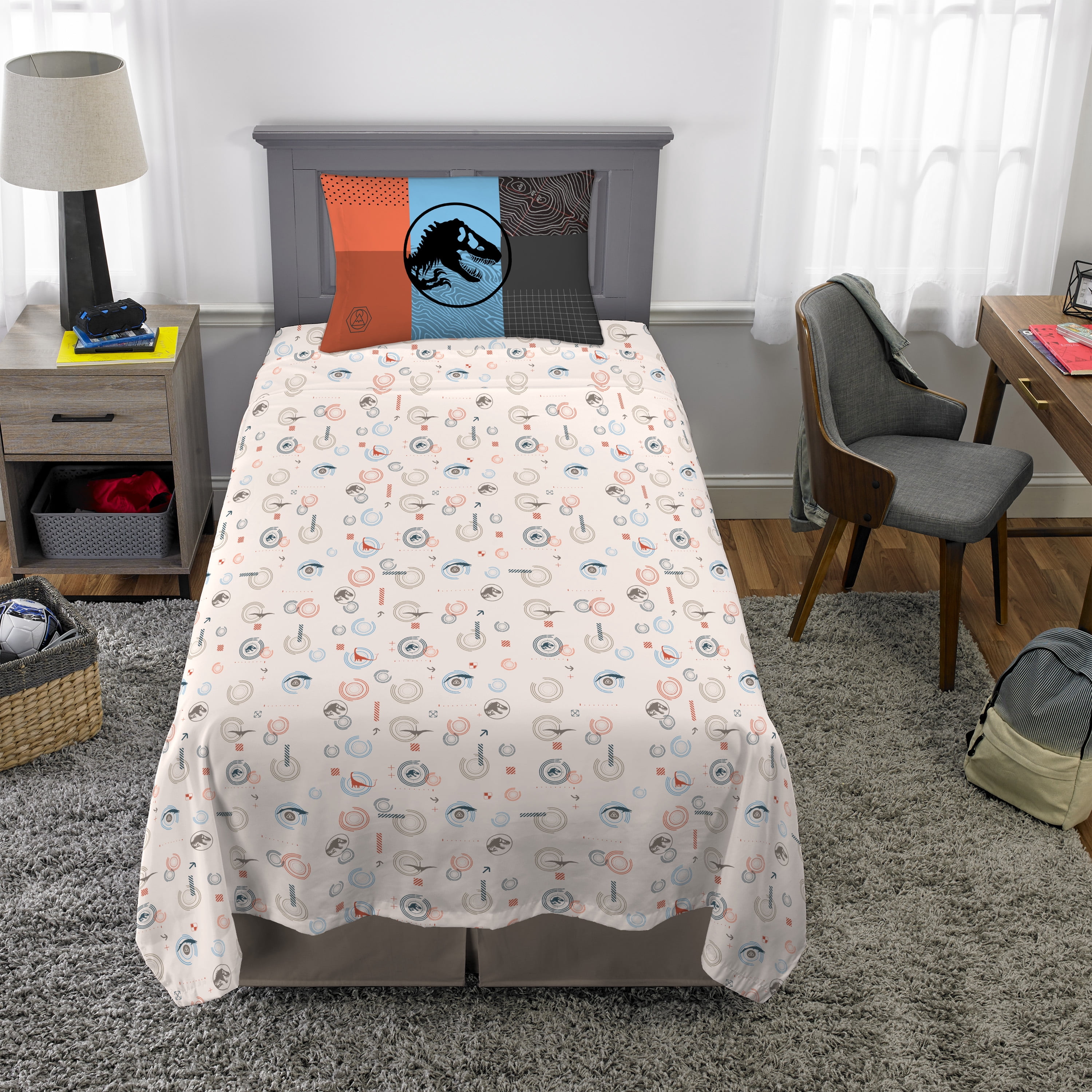 Jurassic World Kids 3 Piece Beige Dinosaur Print Sheet Set, Twin