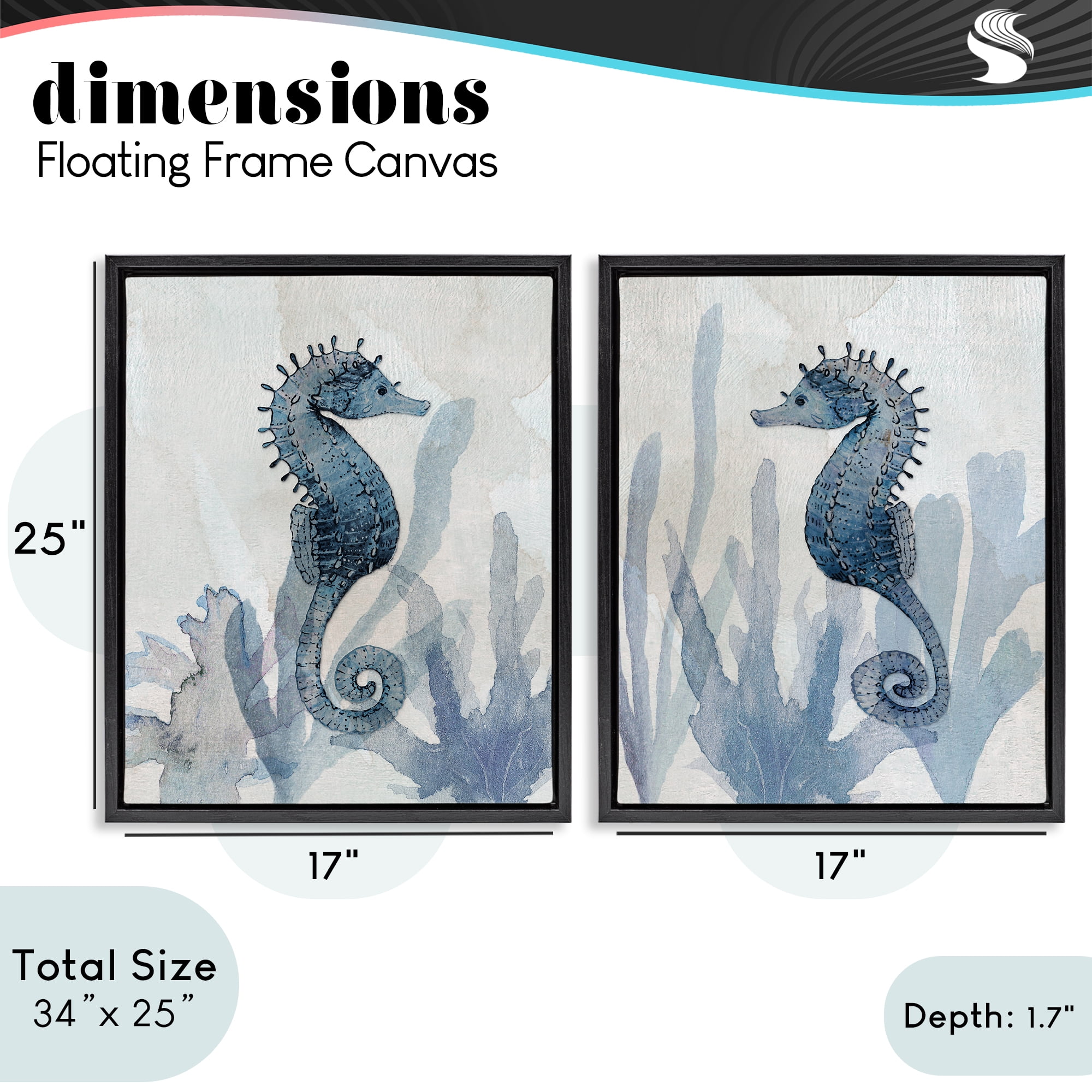 Stupell Industries Impressions of Seahorses 2 Piece Black Framed Floater Canvas Set, design by Susan Jill