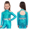 thumbnail image 5 of Haitryli Kids Girls Long Sleeve Sequins Ballet Jazz Hip Hop  Dance Crop Top Tassel Finger Holes Gymnastics Tee Shirt Blouse Light Blue 12, 5 of 7