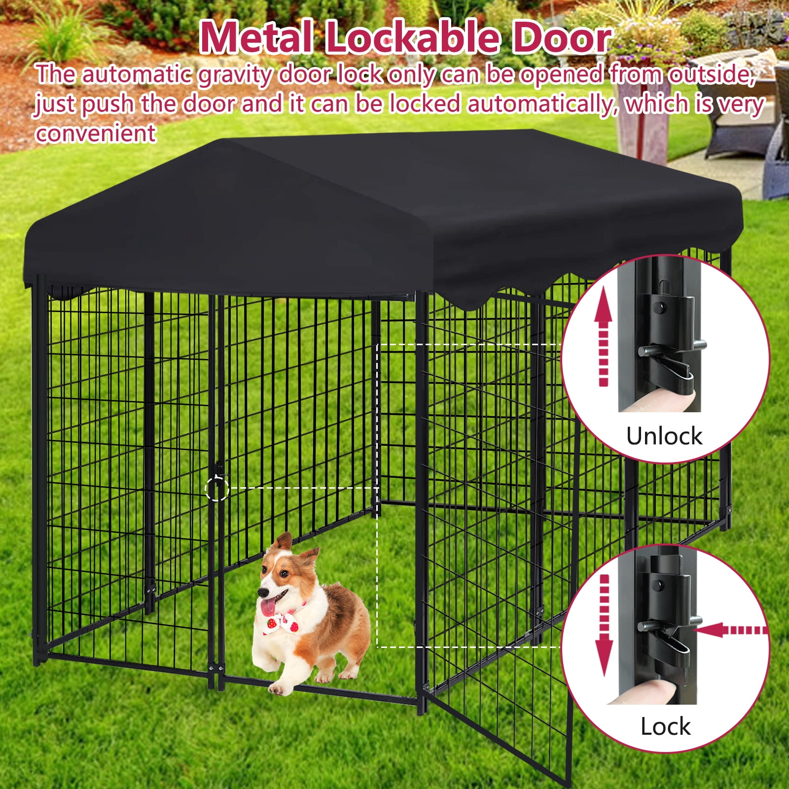 Jhsomdr Outdoor Dog Kennel 6.2ft x 4ft x 4.5ft Heavy Duty Large Wire Dog Fence Outside Dog Playpen with UV-Resistant Oxford Cloth Roof & Secure Lock