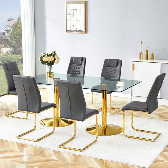 Table and chair set. 71 inch x 35.4-inch tempered glass table,Dark gray High-quality PU Chairs With Golden Arched Metal Legs, Modern Table & 6 Seater Dining Room Furniture Set for Family Gatherings.