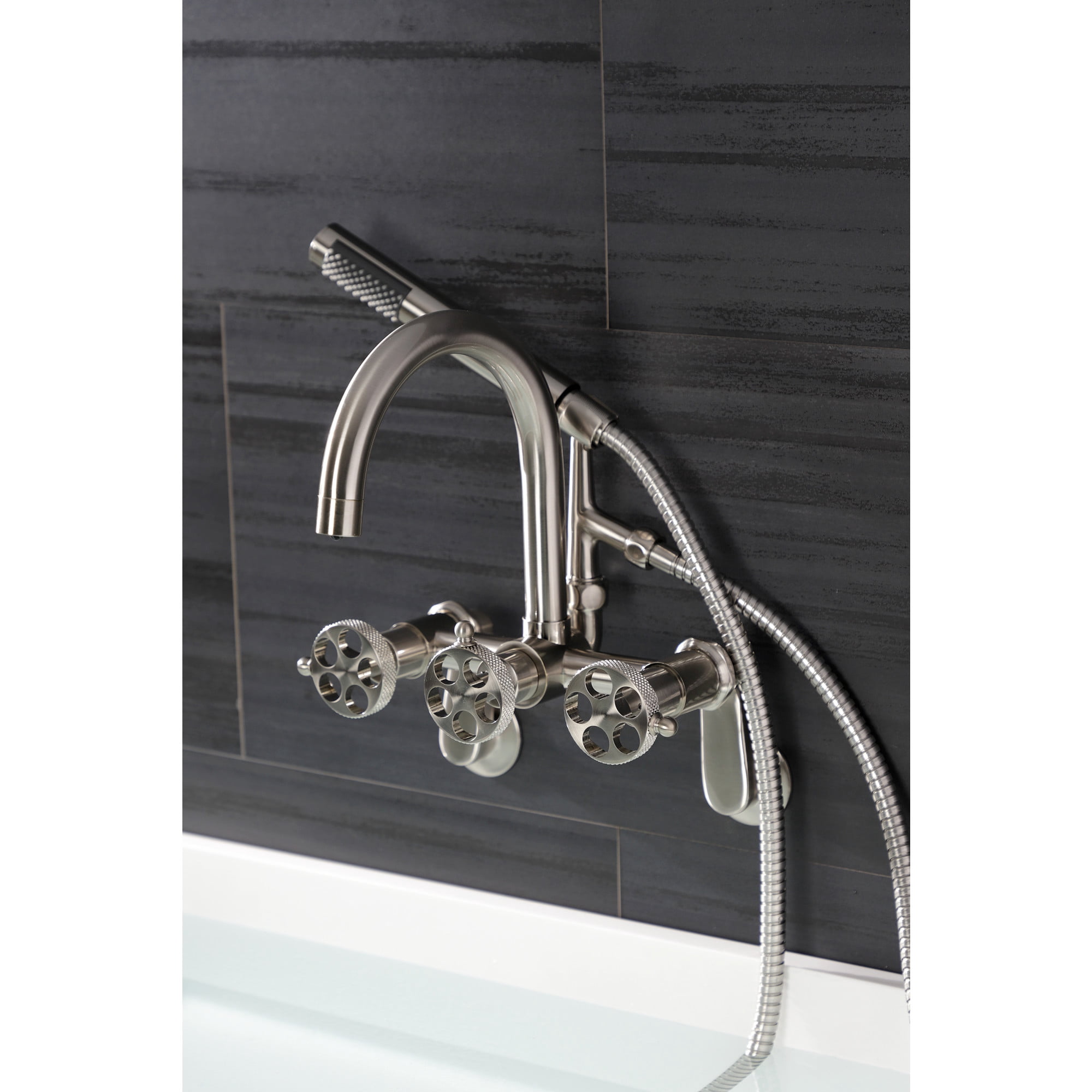 Kingston Brass AE8158RKX Webb 7-Inch Adjustable Wall Mount Clawfoot Tub Faucet with Knurled Handle and Hand Shower, Brushed Nickel